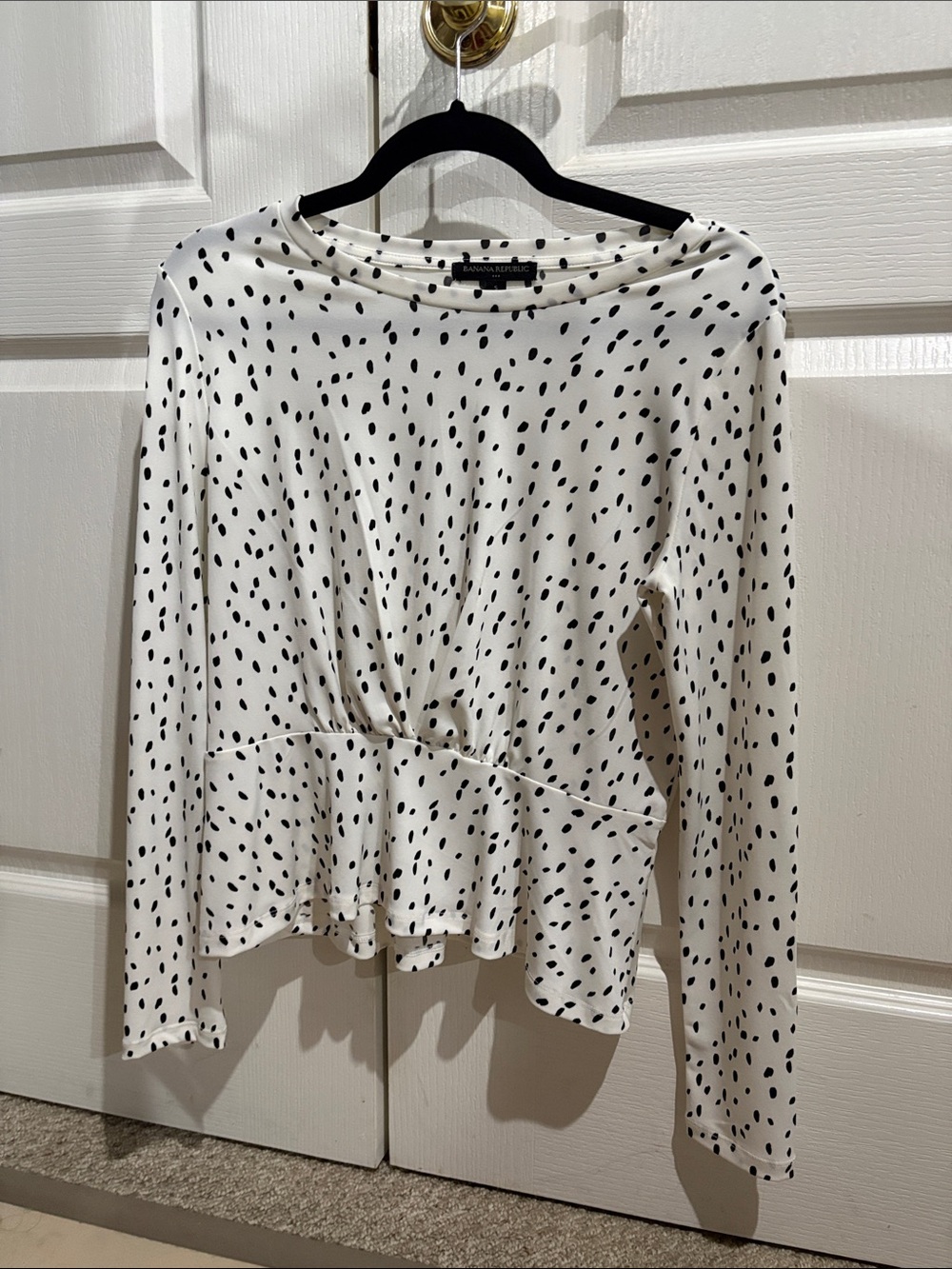Banana Republic White Long-Sleeve Peplum Top with Black Dot Print
